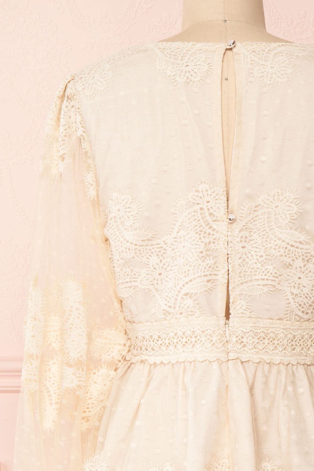 Lornyka Beige Lace Bell Sleeves Peplum Top | Boudoir 1861 back close-up