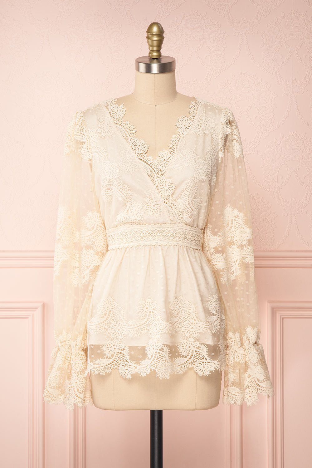 Lornyka Beige Lace Bell Sleeves Peplum Top | Boudoir 1861