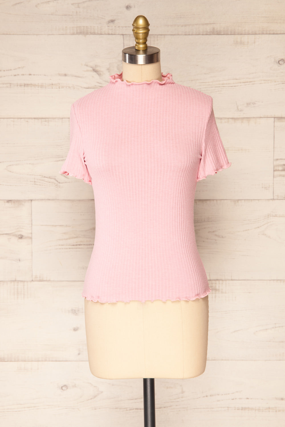 Loula Pink Ribbed Frill-Trimmed Crop Top | La petite garçonne front view