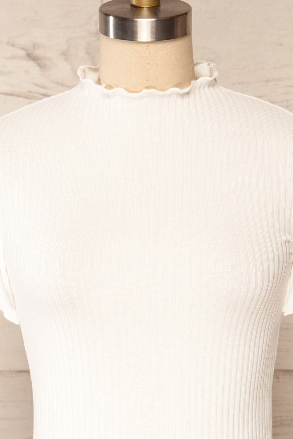 Loula White Ribbed Frill-Trimmed Crop Top | La petite garçonne front close up