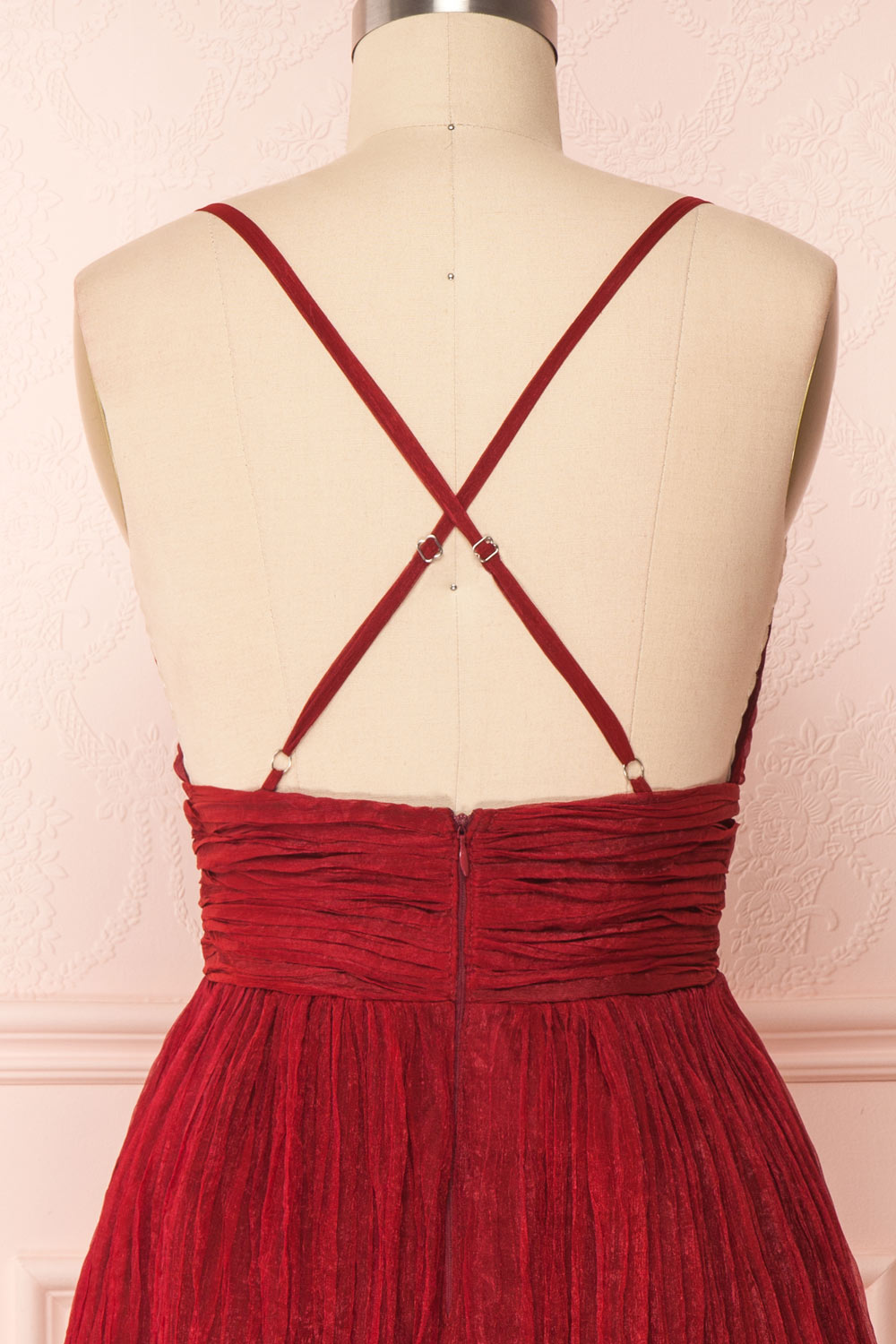 Lucetta Burgundy Pleated Short A-Line Party Dress | BACK CLOSE UP | Boutique 1861