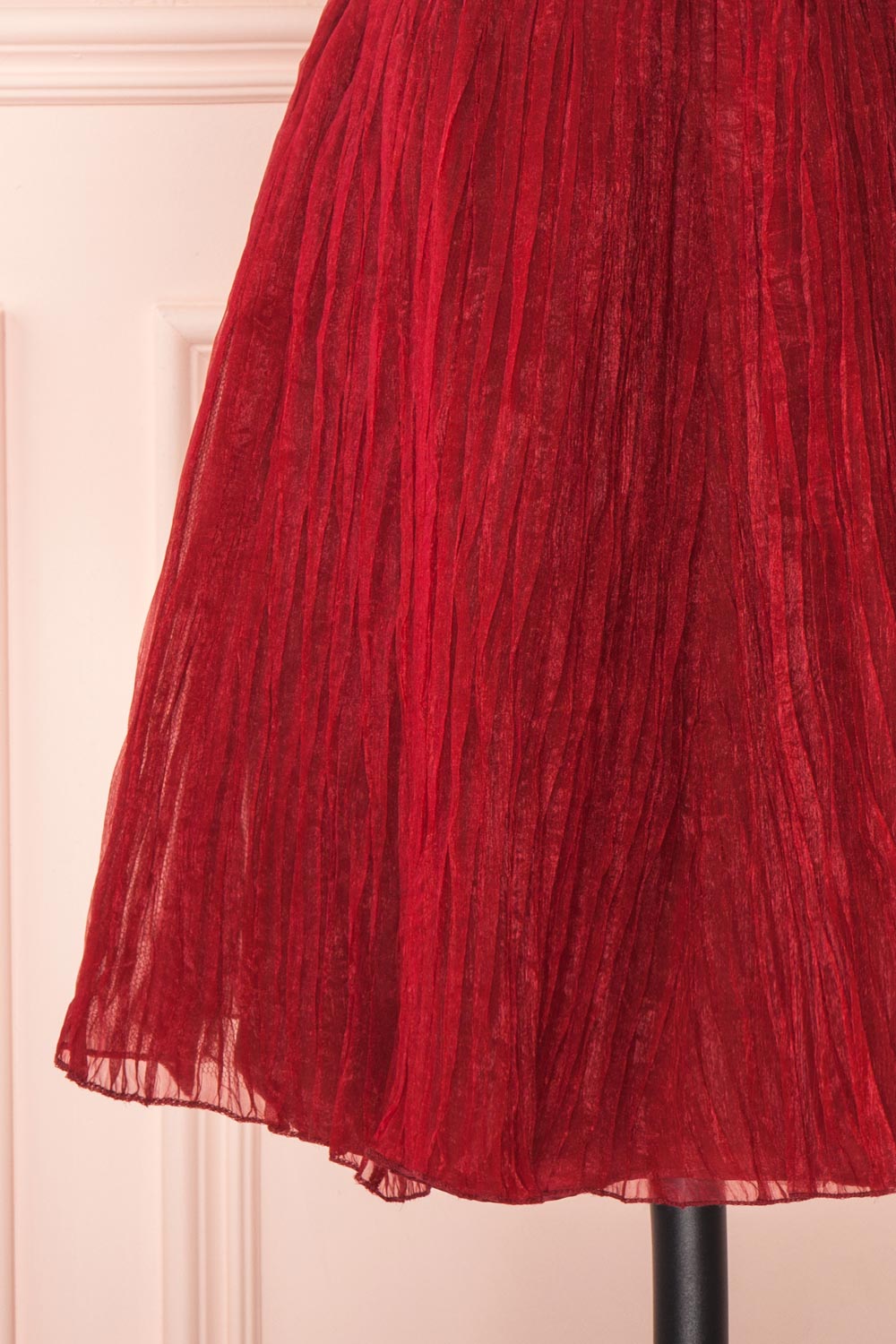 Lucetta Burgundy Pleated Short A-Line Party Dress | BOTTOM CLOSE UP | Boutique 1861