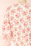 Lucretia Beige V-Neck Floral Midi Dress w/ Buttons | Boutique 1861 back close-up