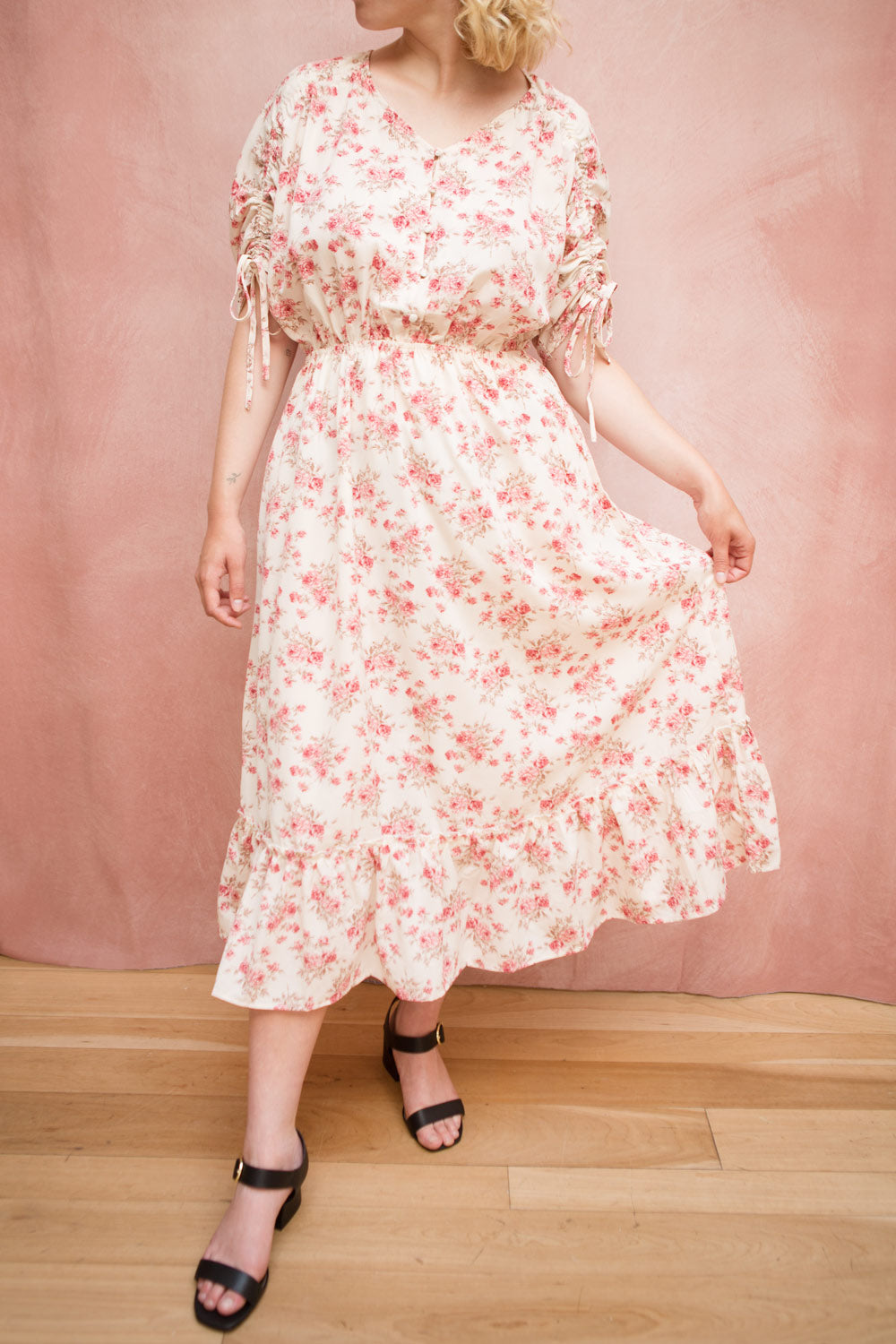 Lucretia Beige V-Neck Floral Midi Dress w/ Buttons | Boutique 1861 model