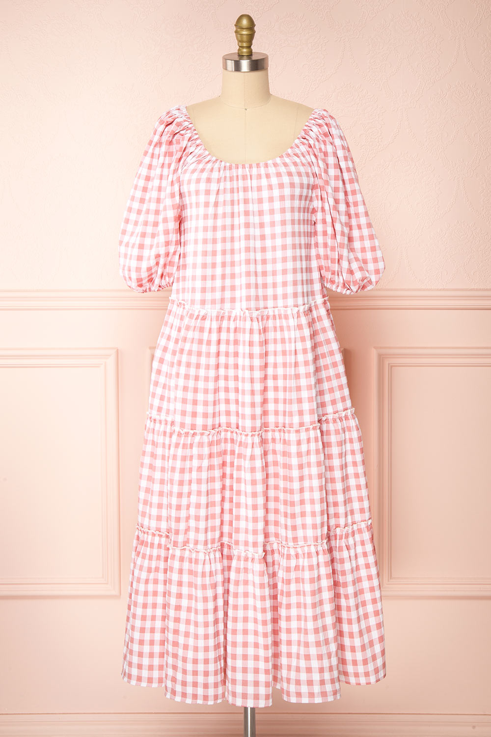 Lura Tiered Gingham Print Midi Dress w/ Puff Sleeves | Boutique 1861 front view