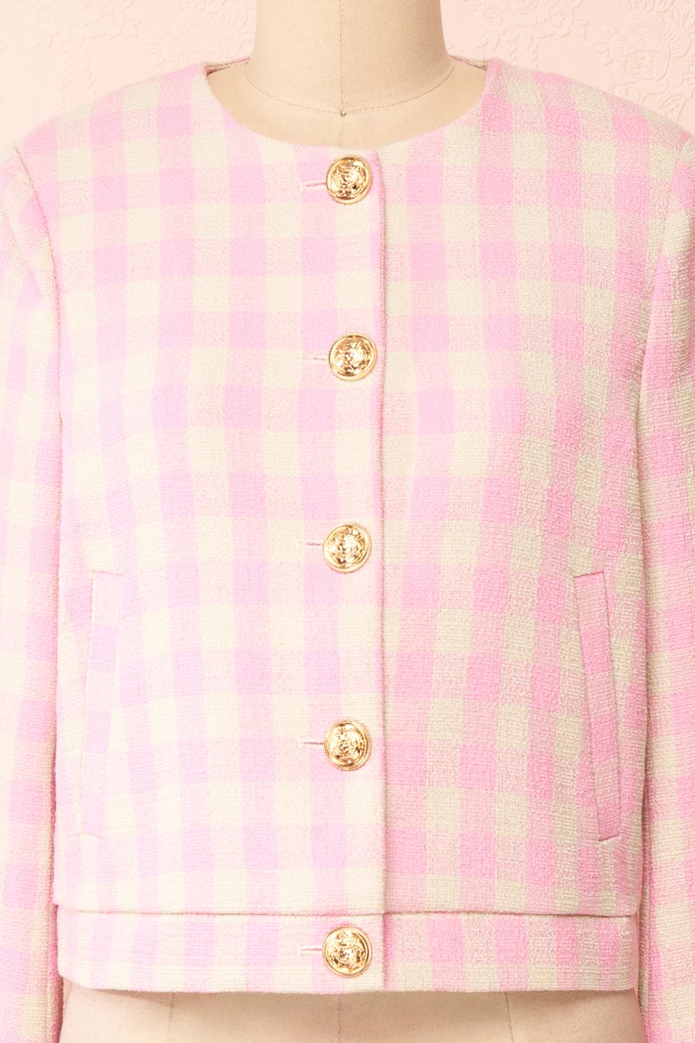 Lybugg Pink Tweed Blazer w/ Round Collar | Boutique 1861 front close-up