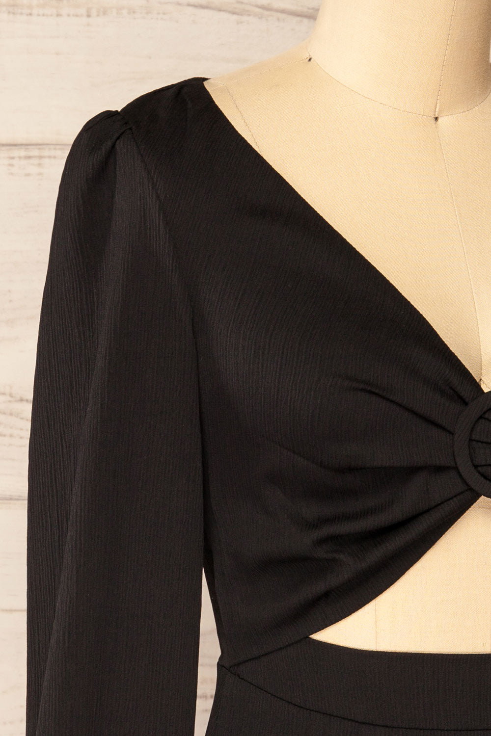 Mabel Short Black A-Line Dress w/ Front Cut-Out | La petite garçonne side close-up