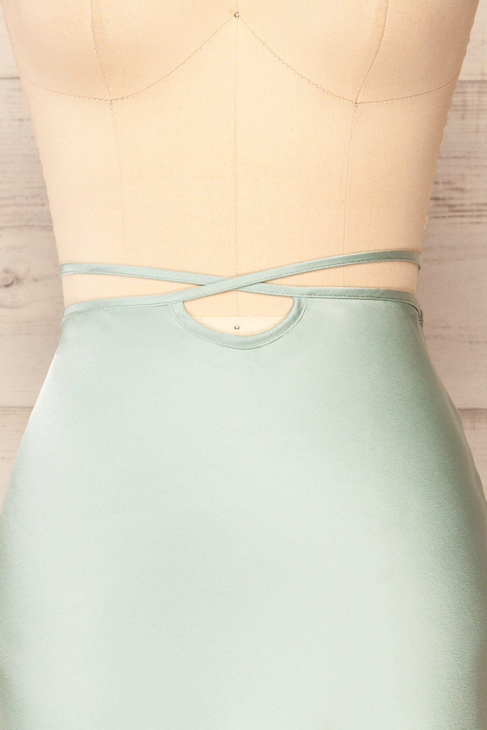 Maddie Mint Satin Midi Skirt | La petite garçonne front close-up