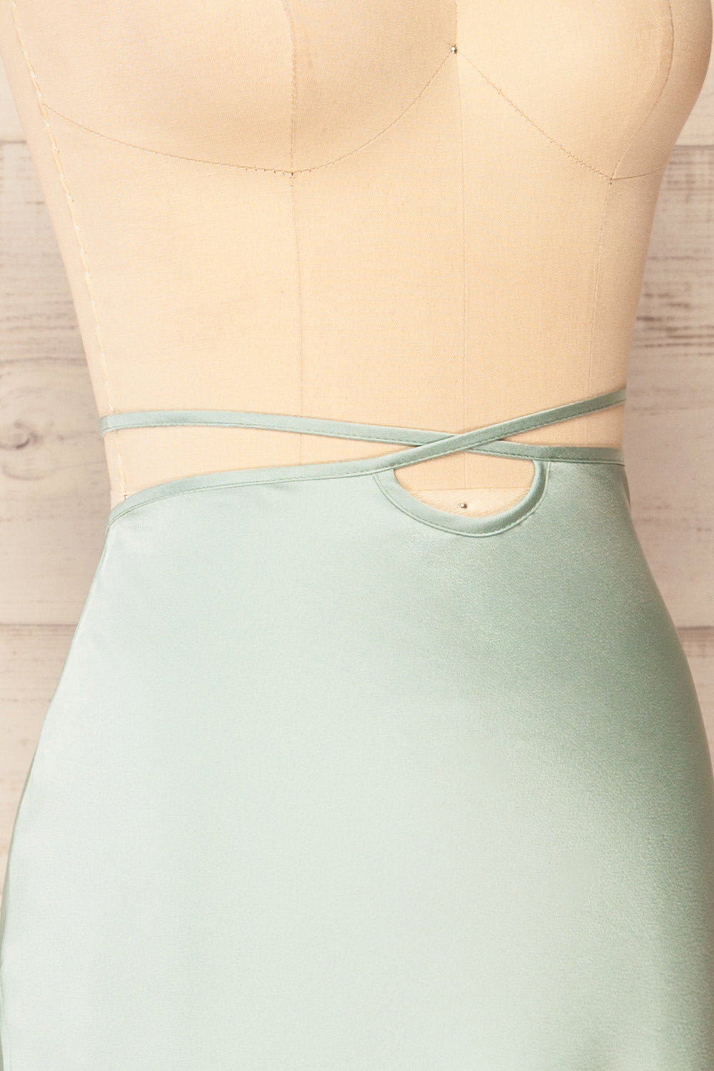 Maddie Mint Satin Midi Skirt | La petite garçonne side close-up