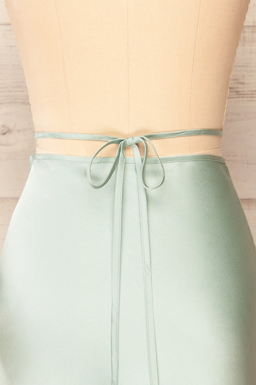 Maddie Mint Satin Midi Skirt | La petite garçonne back close-up
