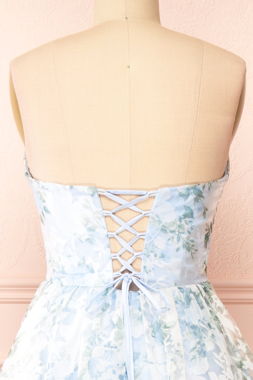 Mahalia Blue Midi Floral Gown w/ Sparkly Lining | Boutique 1861 back close-up