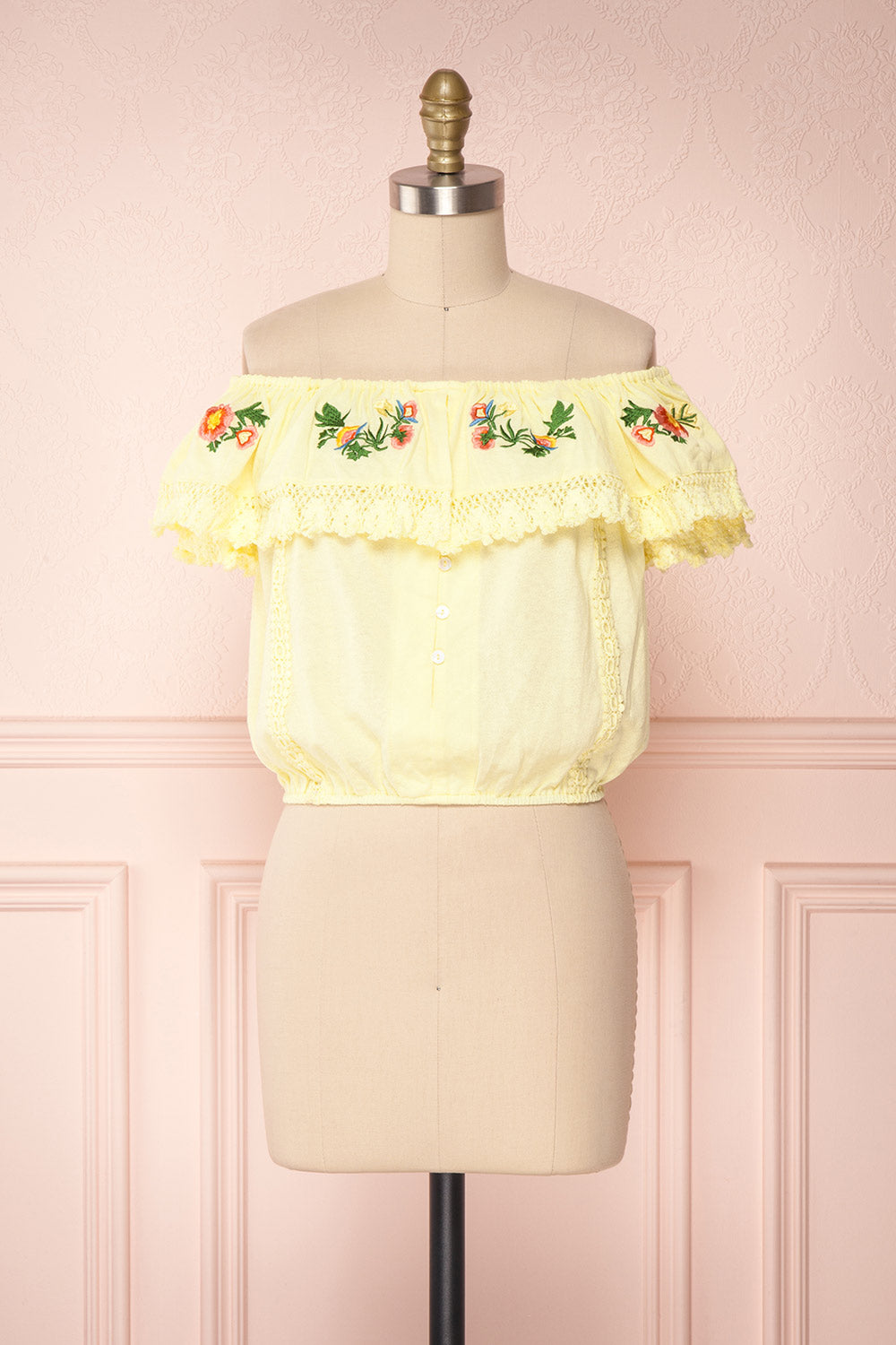 Maile Sun Yellow Embroidered Off-Shoulder Crop Top | Boutique 1861 1