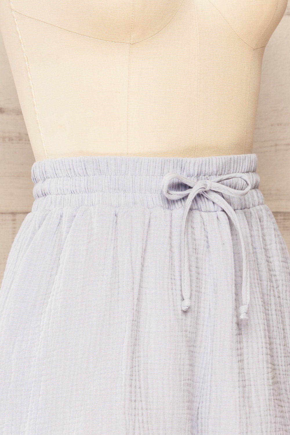 Maitee Blue Textured Drawstring Shorts | La petite garçonne side close-up