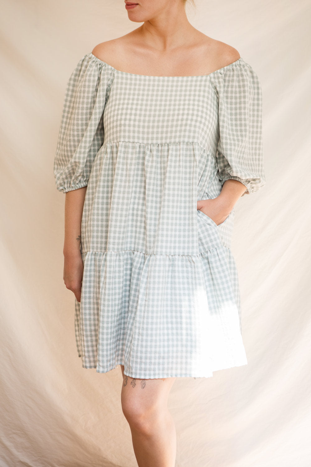 Malka Sage GreenTiered Gingham Short Dress | Boutique 1861 model