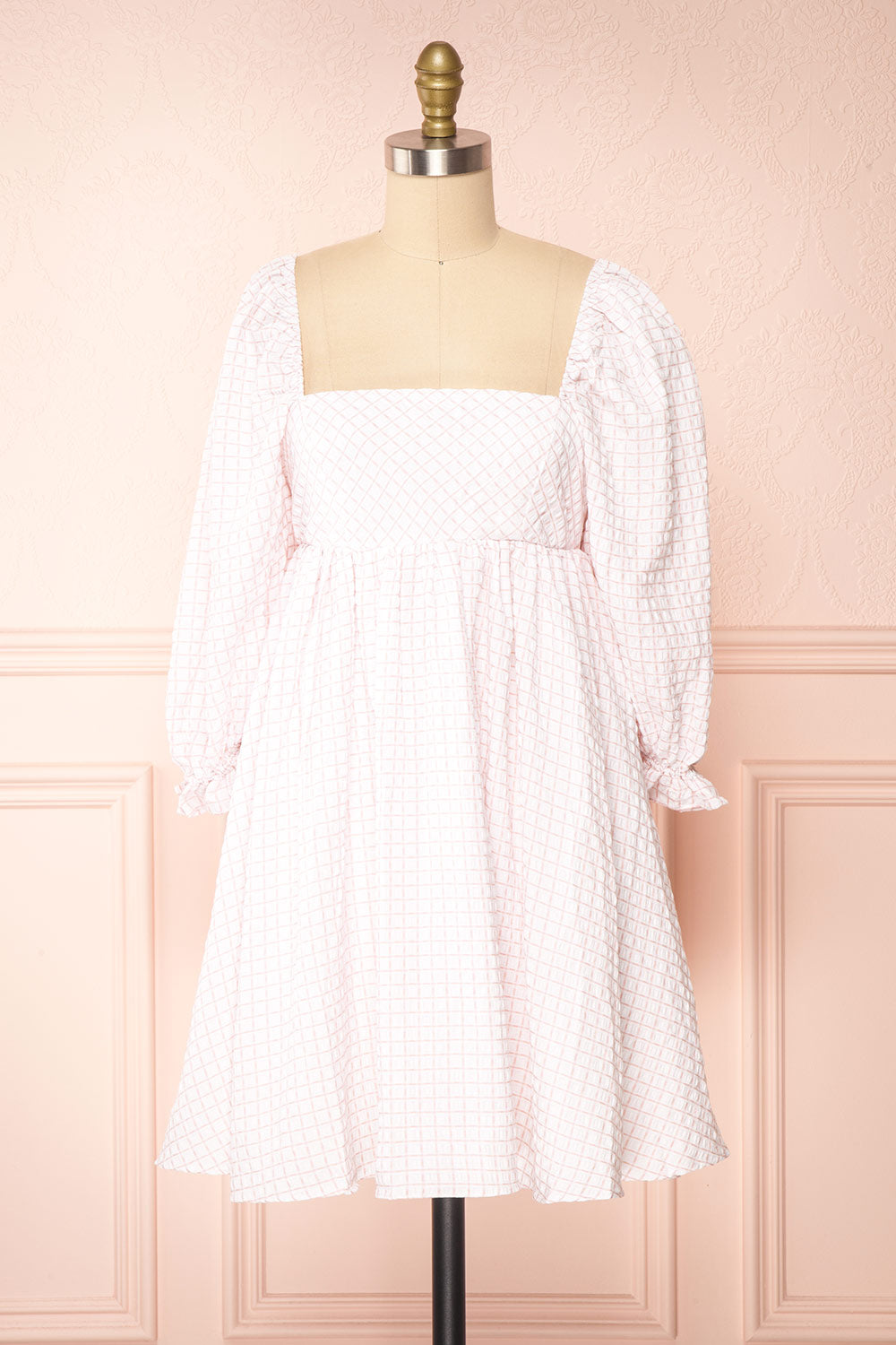 Malyne 3/4 Puff Sleeve Short Plaid Empire Waist Dress | Boutique 1861 front view