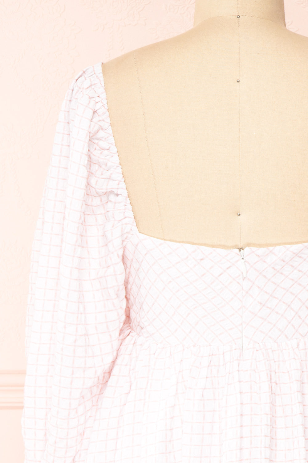 Malyne 3/4 Puff Sleeve Short Plaid Empire Waist Dress | Boutique 1861 back close-up