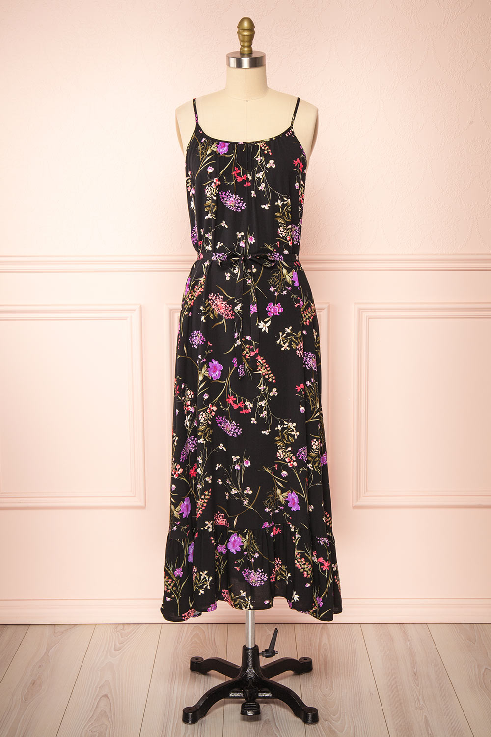 Mamie Black | Floral Midi Dress w/ Belt