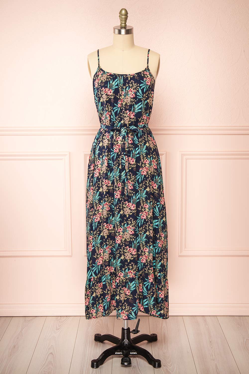 Mamie Navy Floral Midi Dress w/ Belt | Boutique 1861 front view