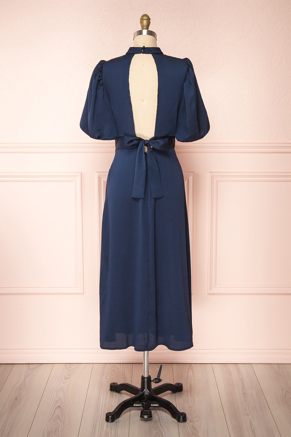 Mariela Navy Mock Neck Silky Midi Dress | Boutique 1861 back view
