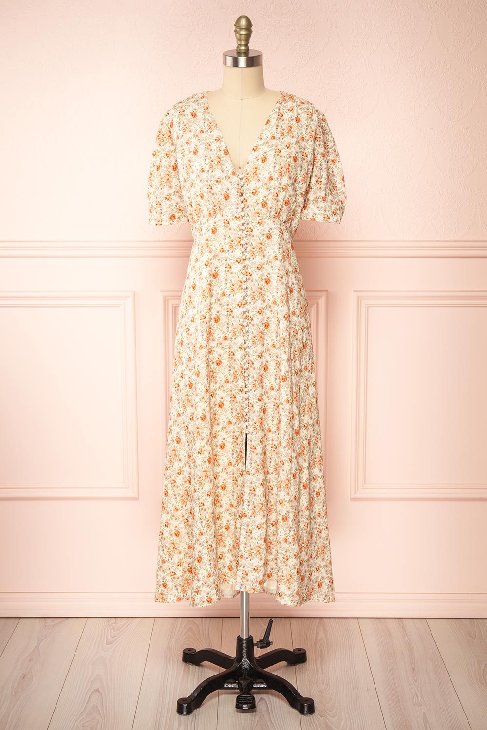 Marily Floral Button-Up V-Neck Midi Dress