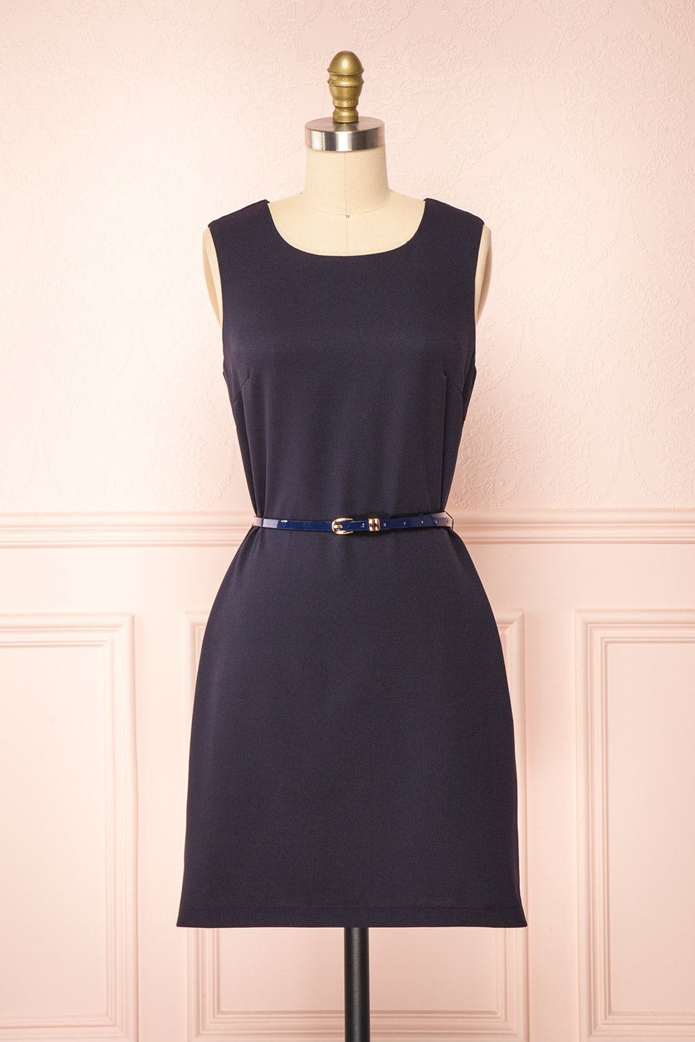 Marine Navy Scoop Neck Short Dress with Belt | Boutique 1861 front view belt