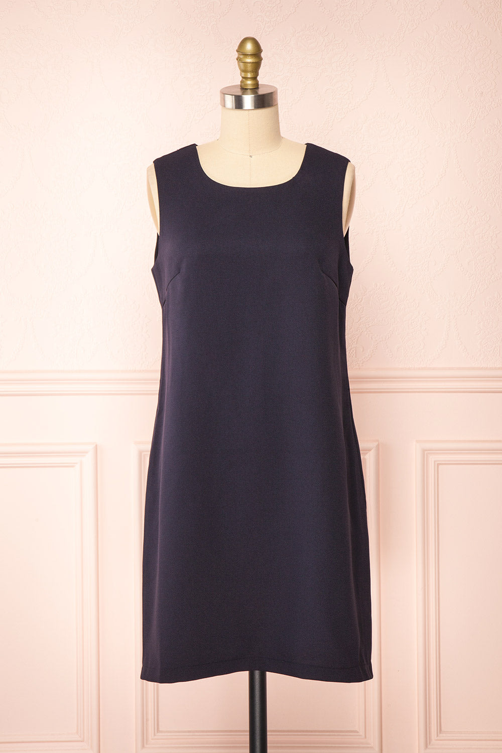 Marine Navy Scoop Neck Short Dress with Belt | Boutique 1861 front view