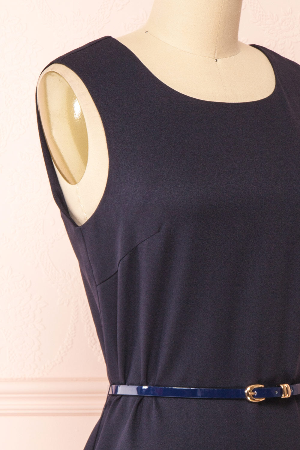 Marine Navy Scoop Neck Short Dress with Belt | Boutique 1861 side close-up