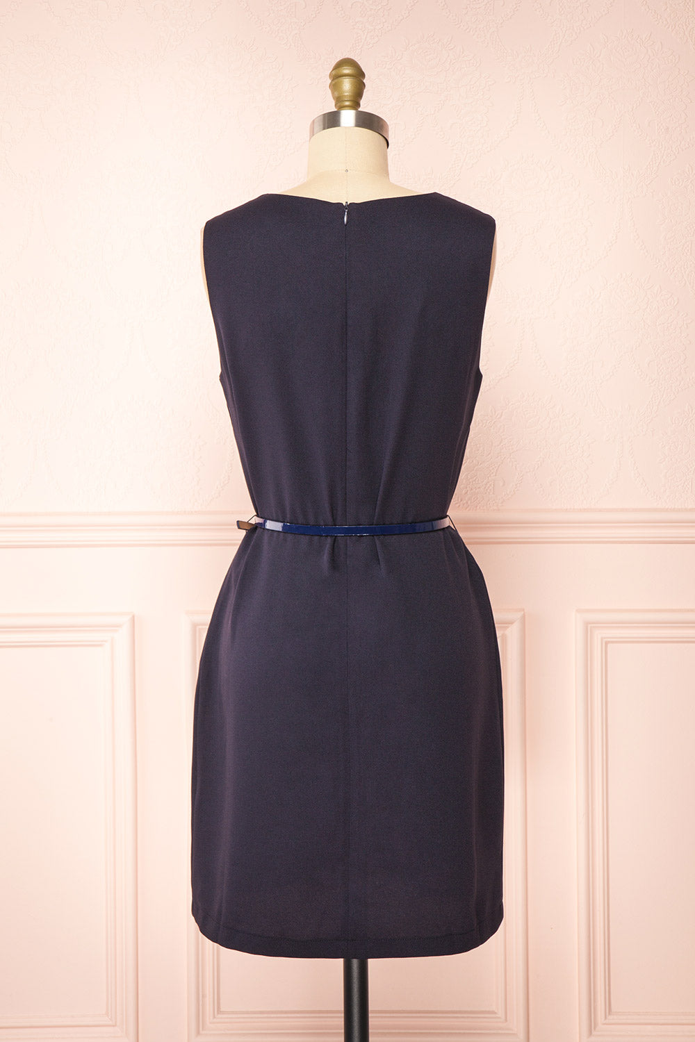 Marine Navy Scoop Neck Short Dress with Belt | Boutique 1861 back view