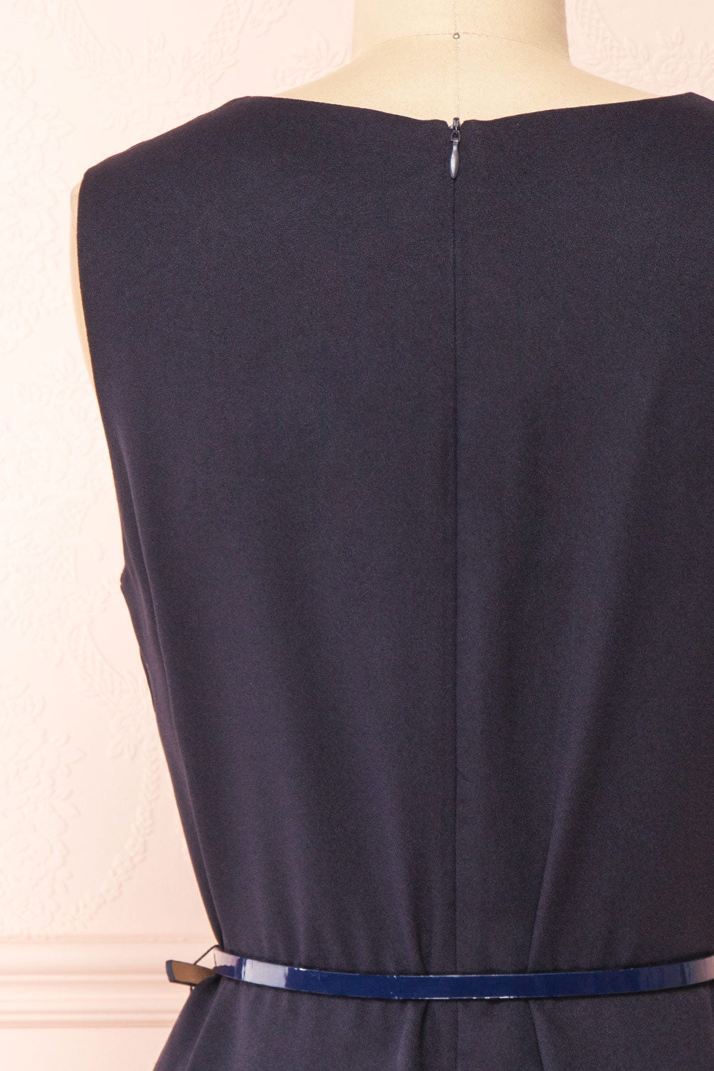 Marine Navy Scoop Neck Short Dress with Belt | Boutique 1861 back close-up
