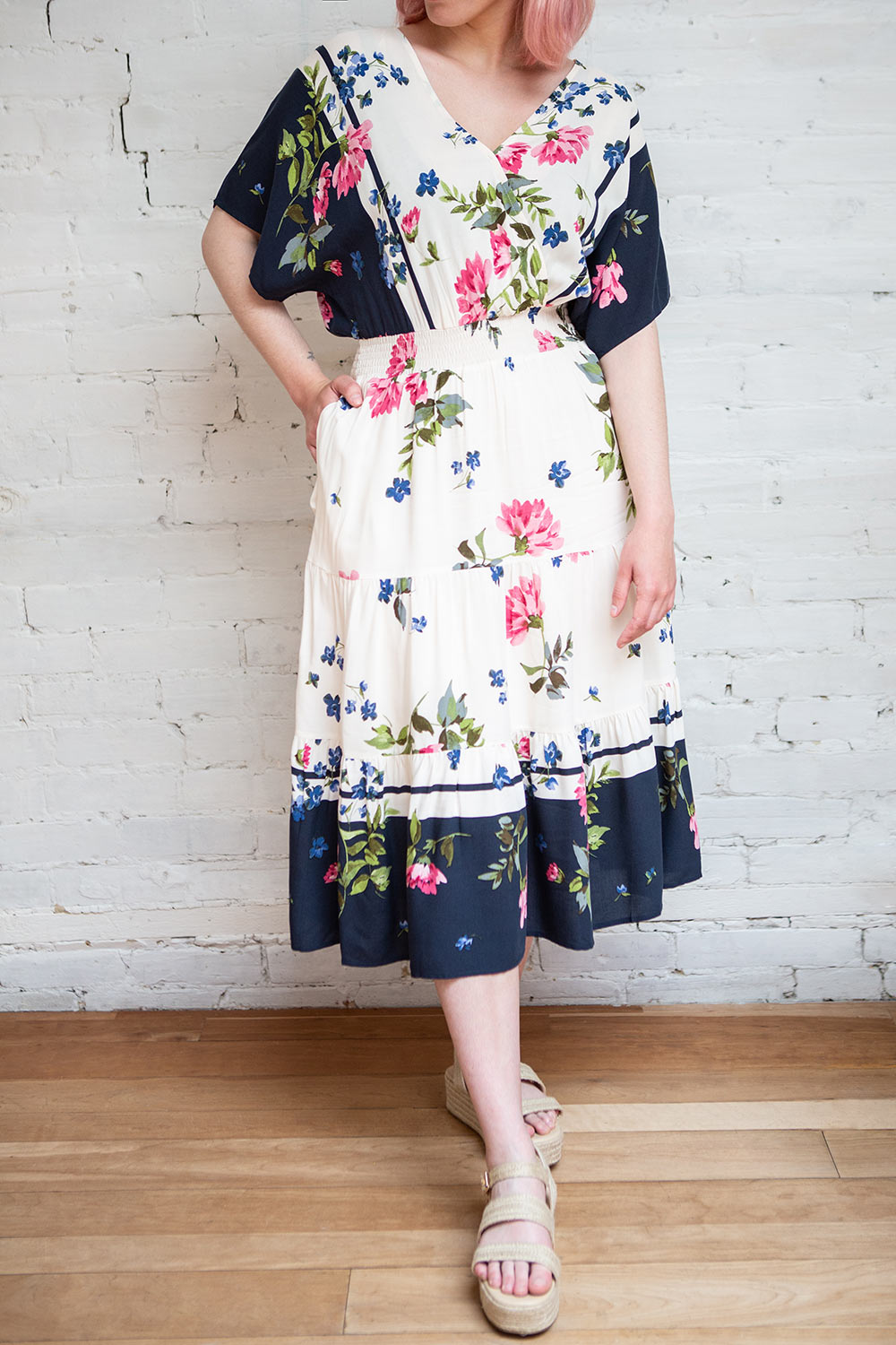 Maryse Floral Short Sleeve Faux Wrap Midi Dress | Boutique 1861 on model