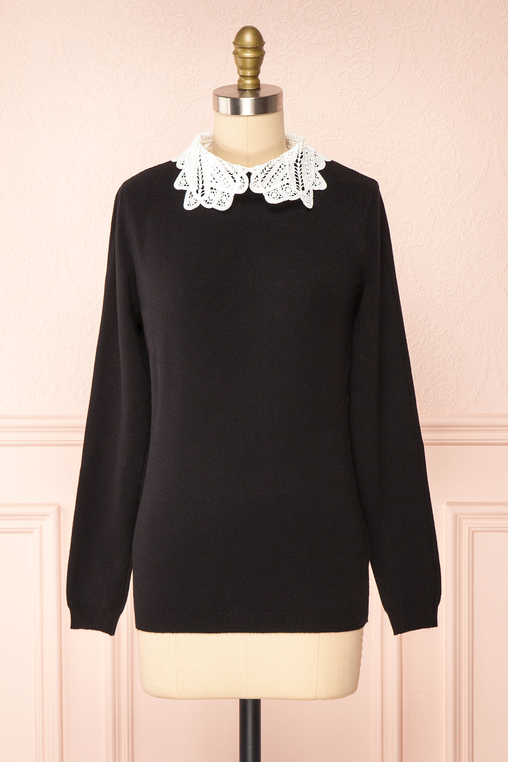 Marza Black Long Sleeve Lace Collar Top | Boutique 1861 front view