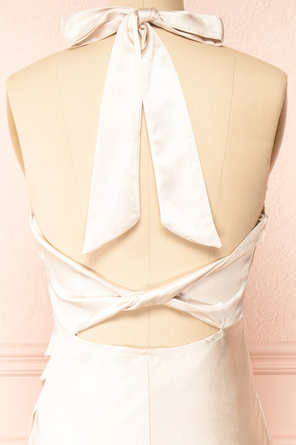 Mayahuel Champagne Halter Neck Satin Maxi Dress | La petite garçonne back close-up