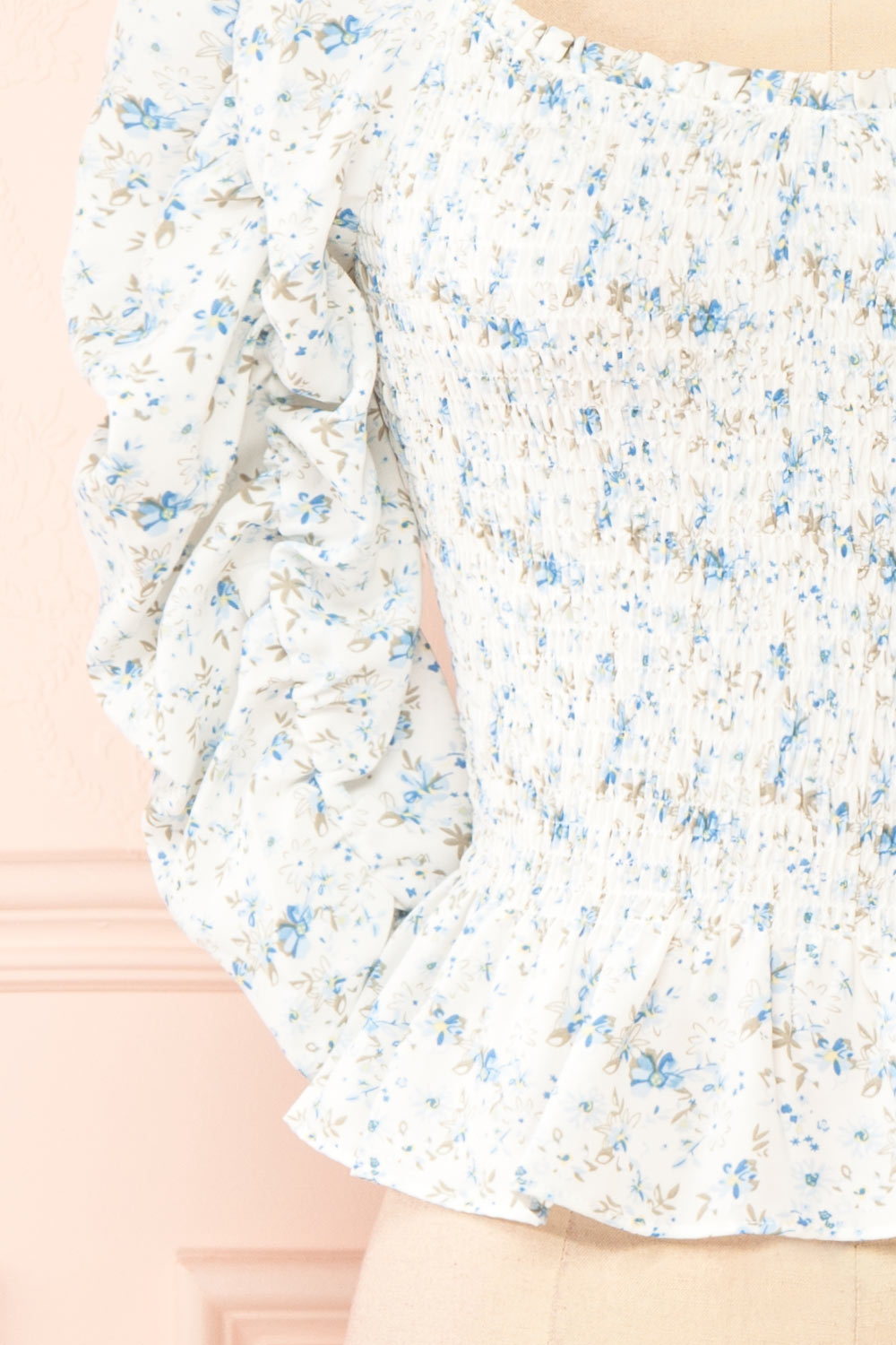 Mayanne Blue Ruched Floral Top | Boutique 1861 sleeve close-up