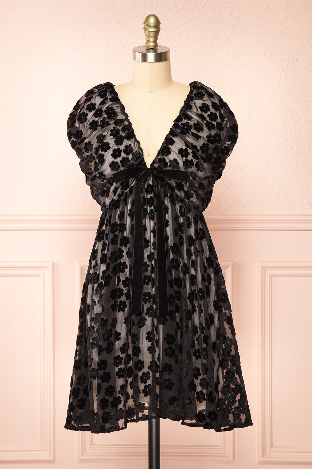 funeral black dress plus size Mazarane Short Black Floral Velvet Dress