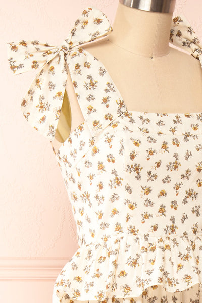 Mearas Midi Floral Dress w/ Ruffles | Boutique 1861 side close-up