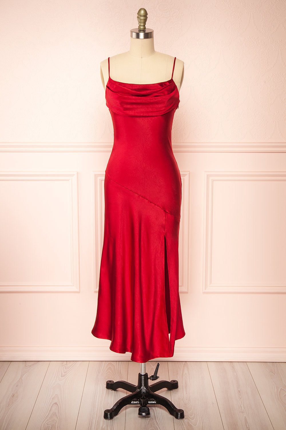 strapless open back dress Meari Red Cowl Neck Satin Midi Dress