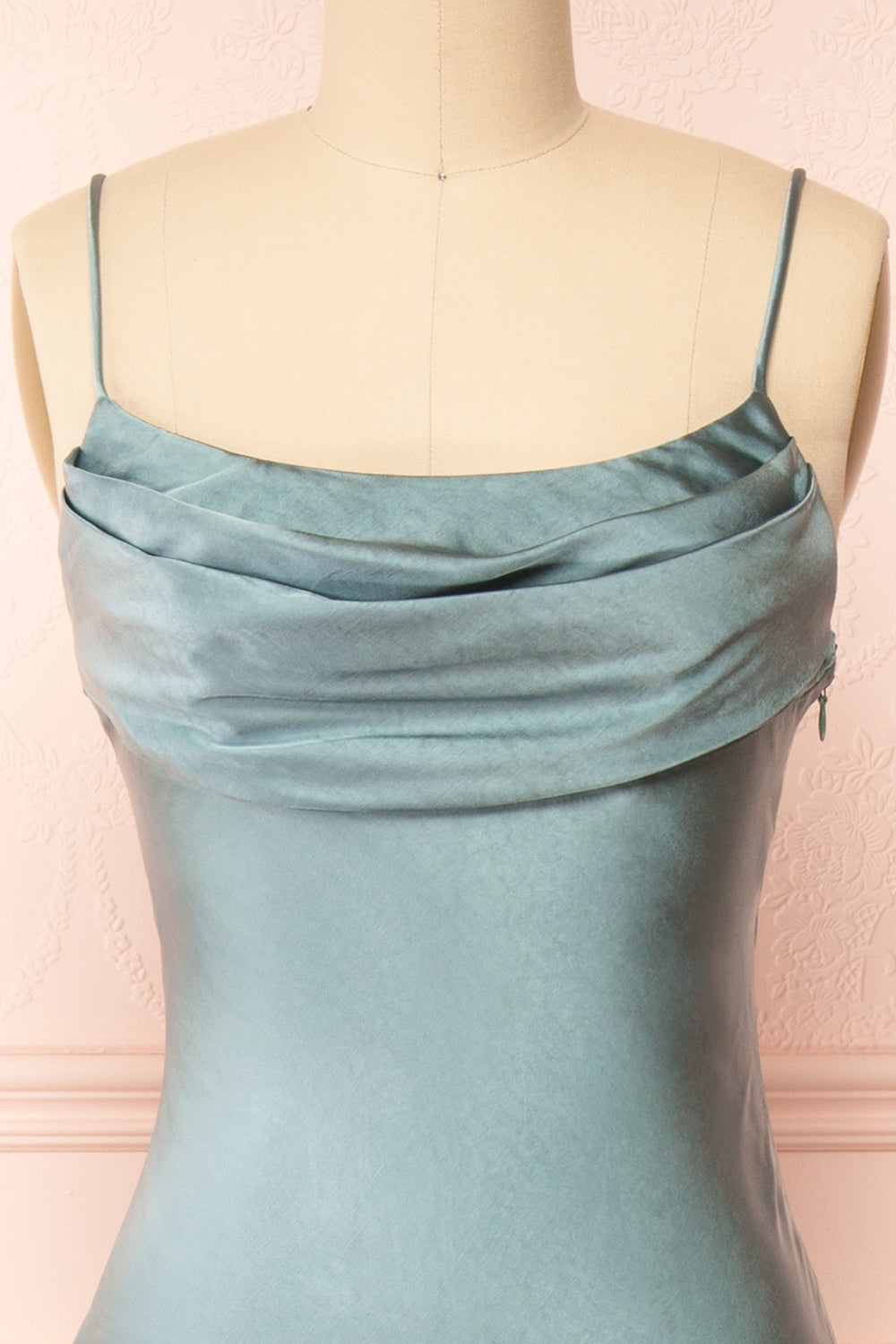 Meari Sage Cowl Neck Satin Midi Dress | Boutique 1861 front close-up