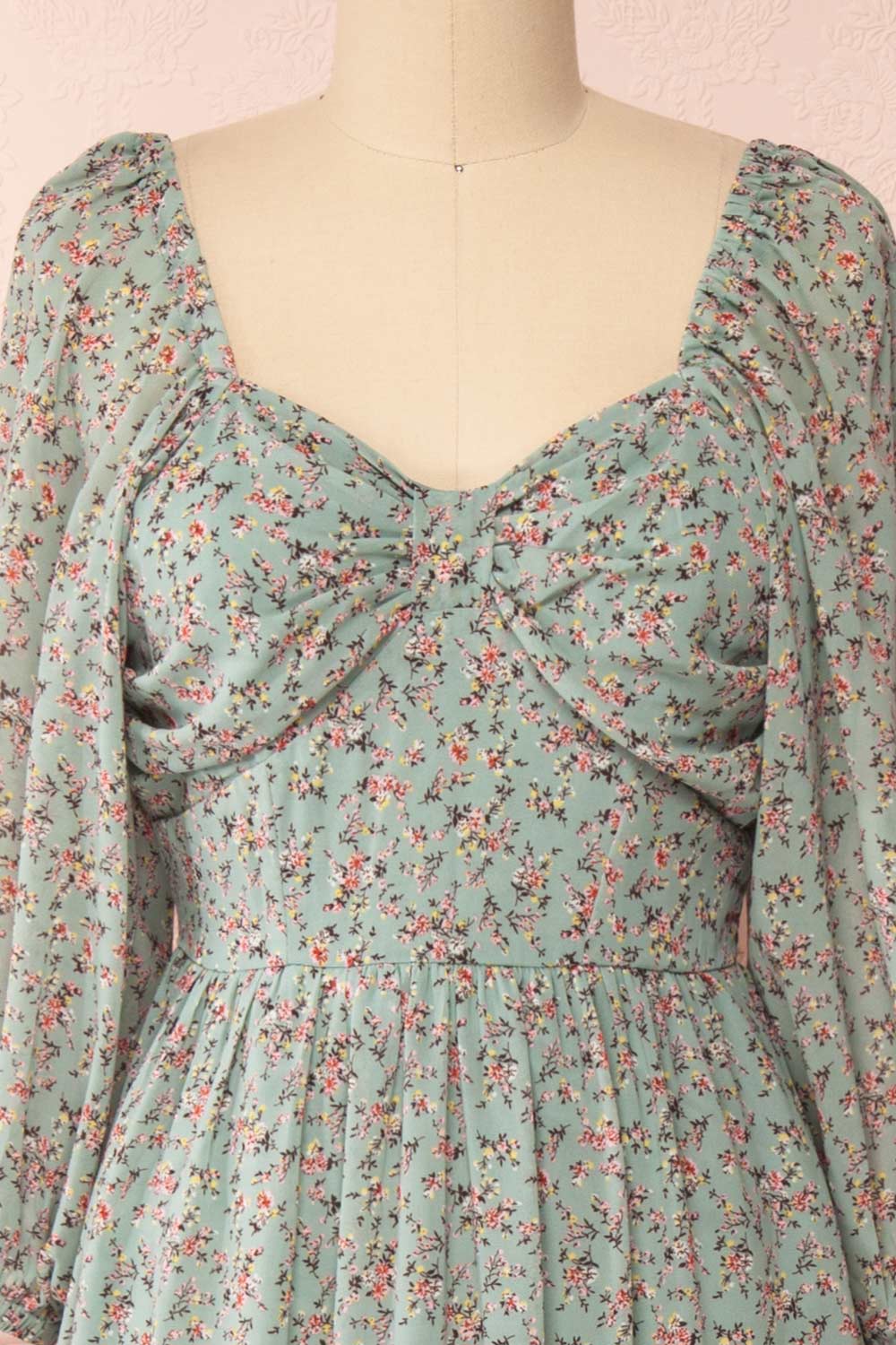 Meliora Green-Blue Floral Layered Dress | La petite garçonne front close-up