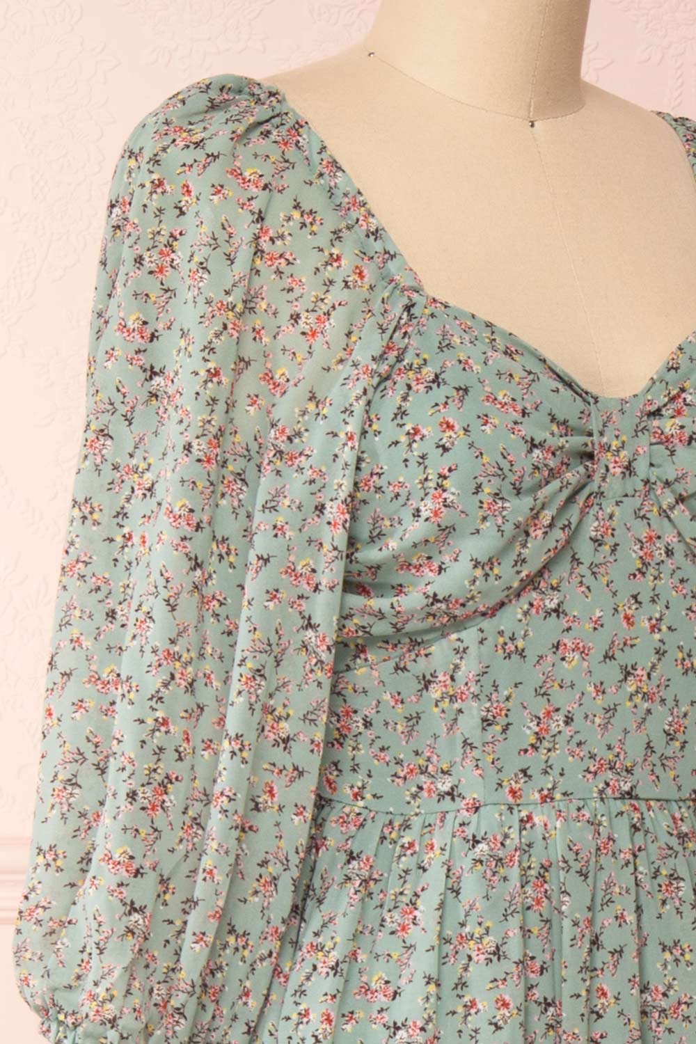 Meliora Green-Blue Floral Layered Dress | La petite garçonne side close-up