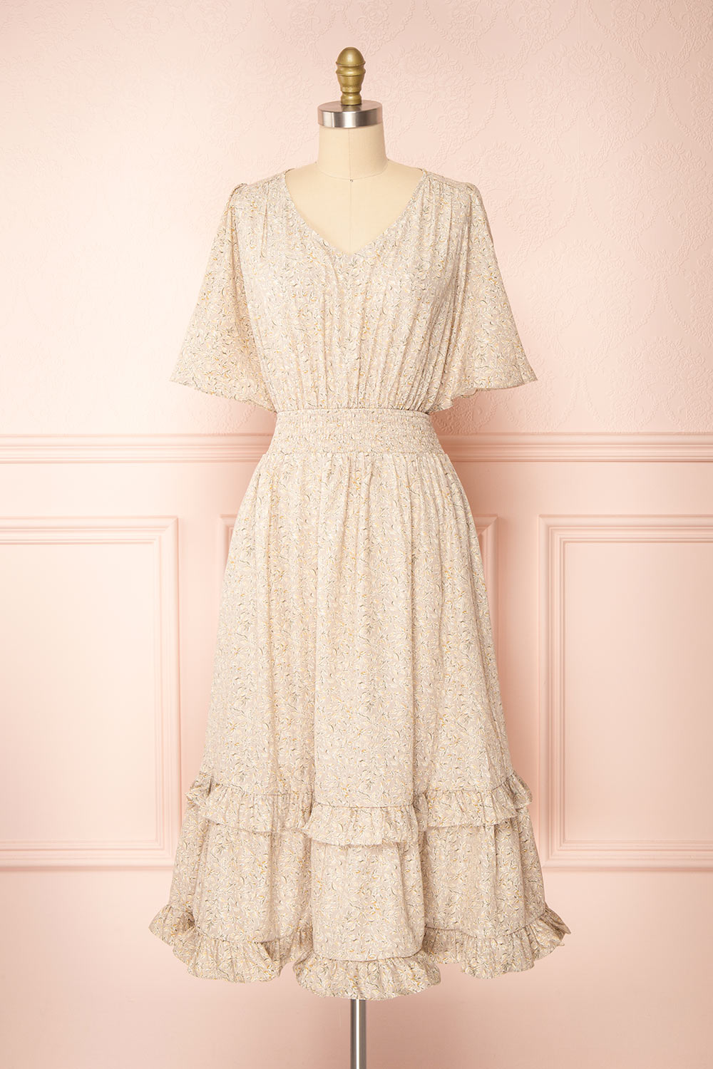 Melyssa Patterned Midi Dress w/ Butterfly Sleeves | Boutique 1961 front view