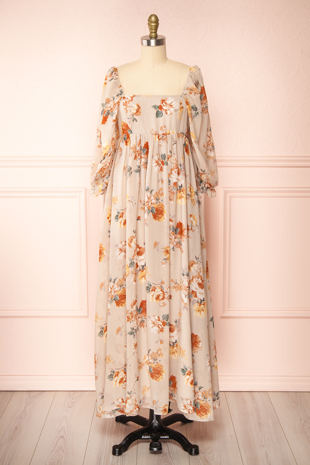 Merav Taupe Empire Waist Floral Maxi Dress | Boutique 1861 front view
