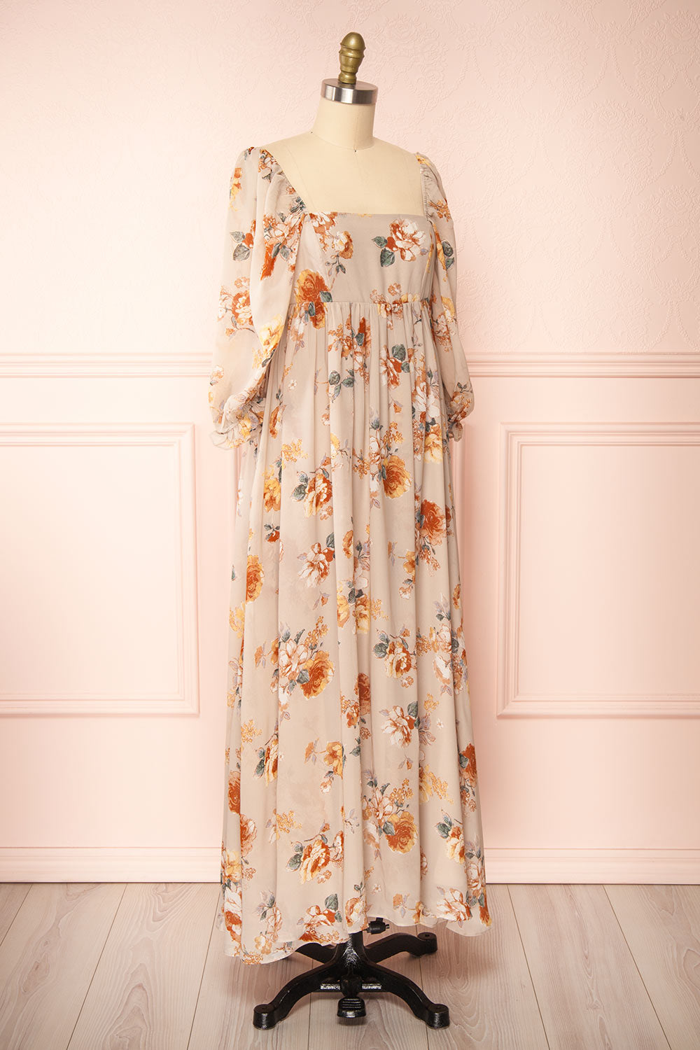 Merav Taupe Empire Waist Floral Maxi Dress | Boutique 1861 side view