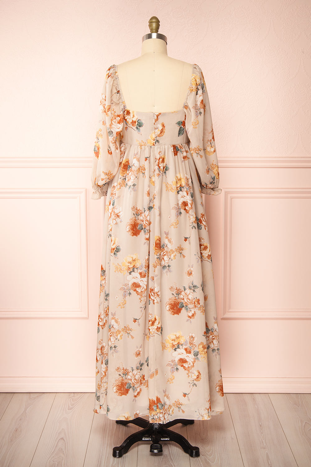 Merav Taupe Empire Waist Floral Maxi Dress | Boutique 1861 back view