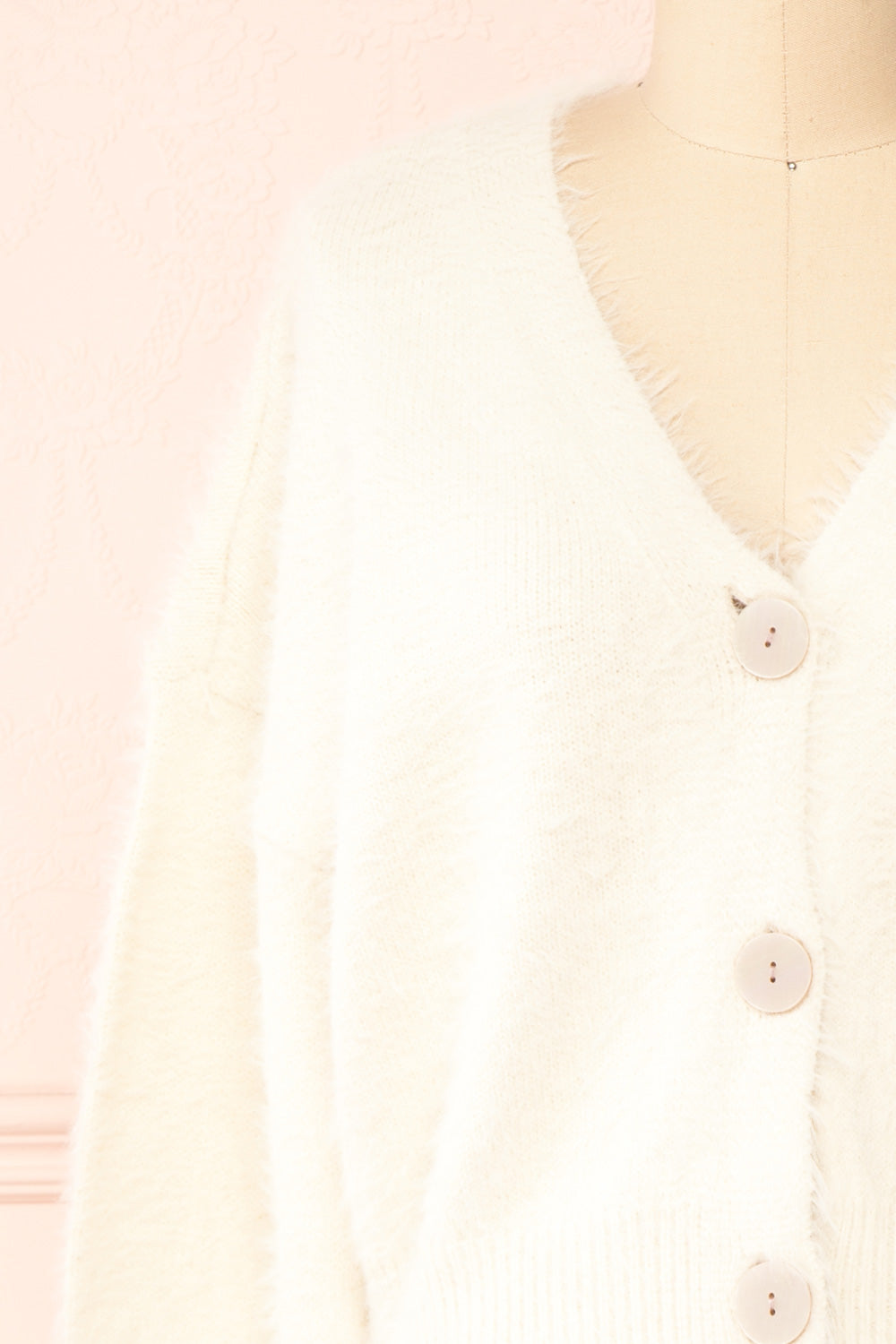 Merrow Cream Fuzzy V-Neck Cardigan | Boutique 1861 front close-up