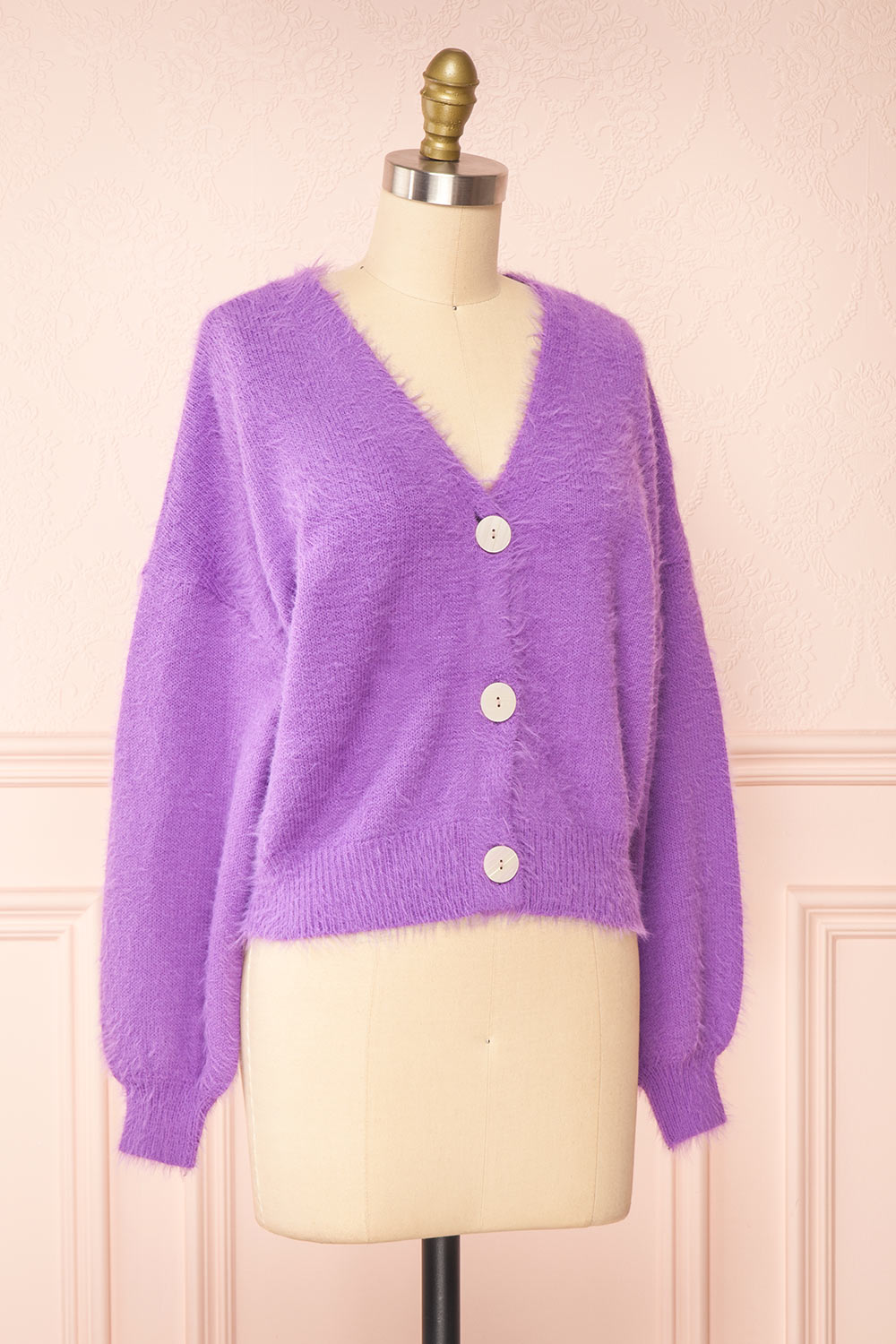 Merrow Lavender Fuzzy V-Neck Cardigan | Boutique 1861 side view
