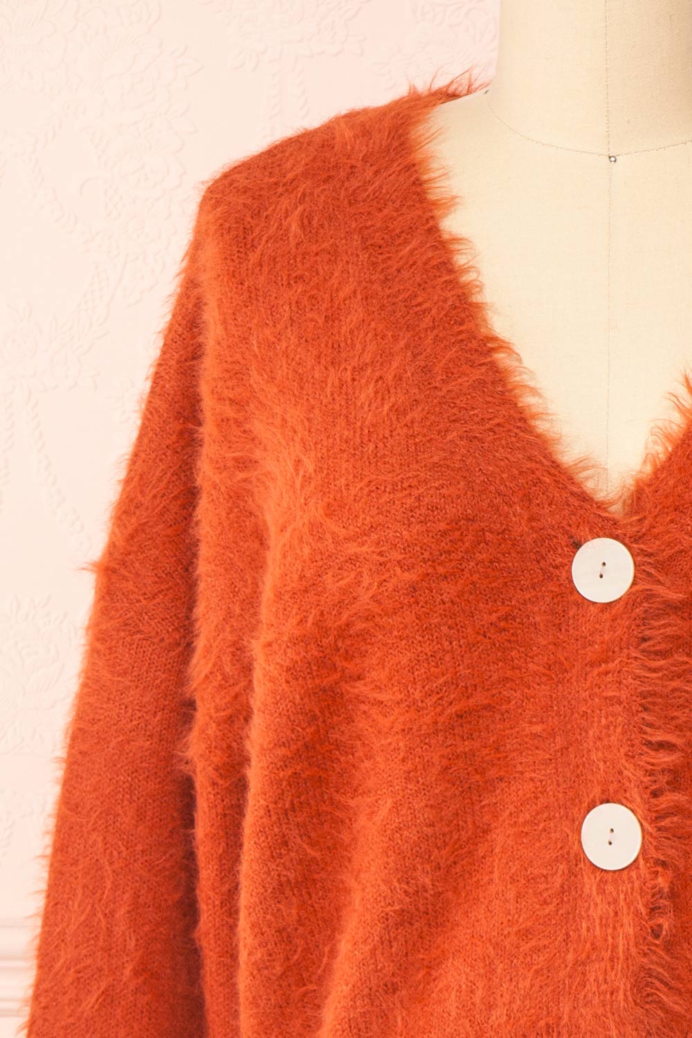 Merrow Rust Fuzzy V-Neck Cardigan | Boutique 1861 front close-up