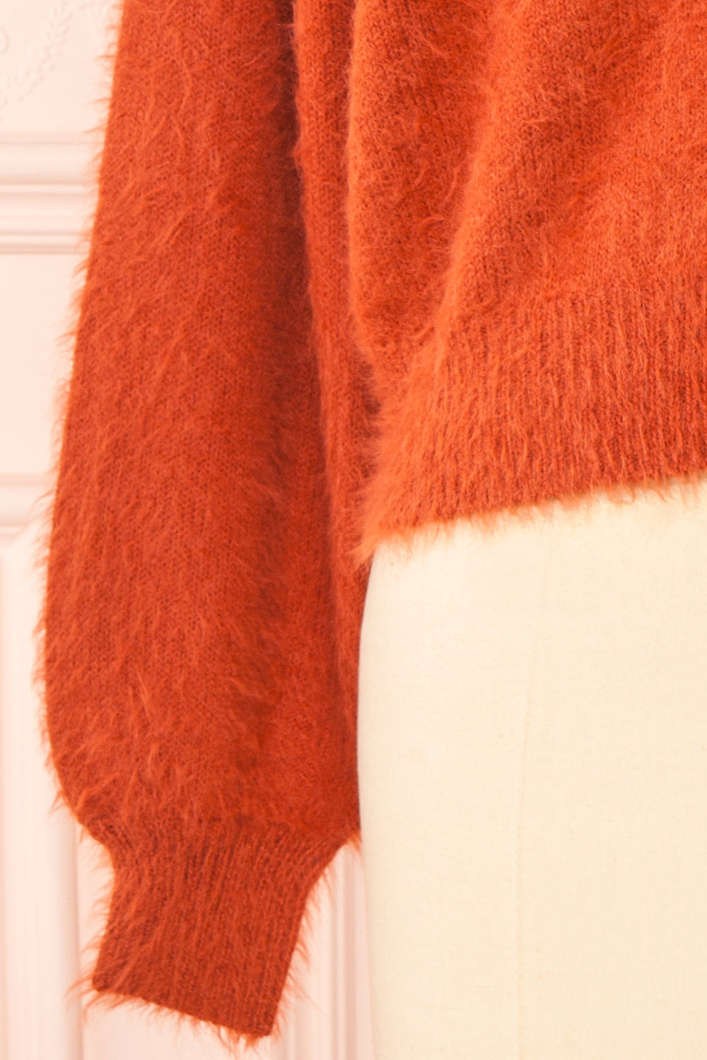 Merrow Rust Fuzzy V-Neck Cardigan | Boutique 1861 sleeve