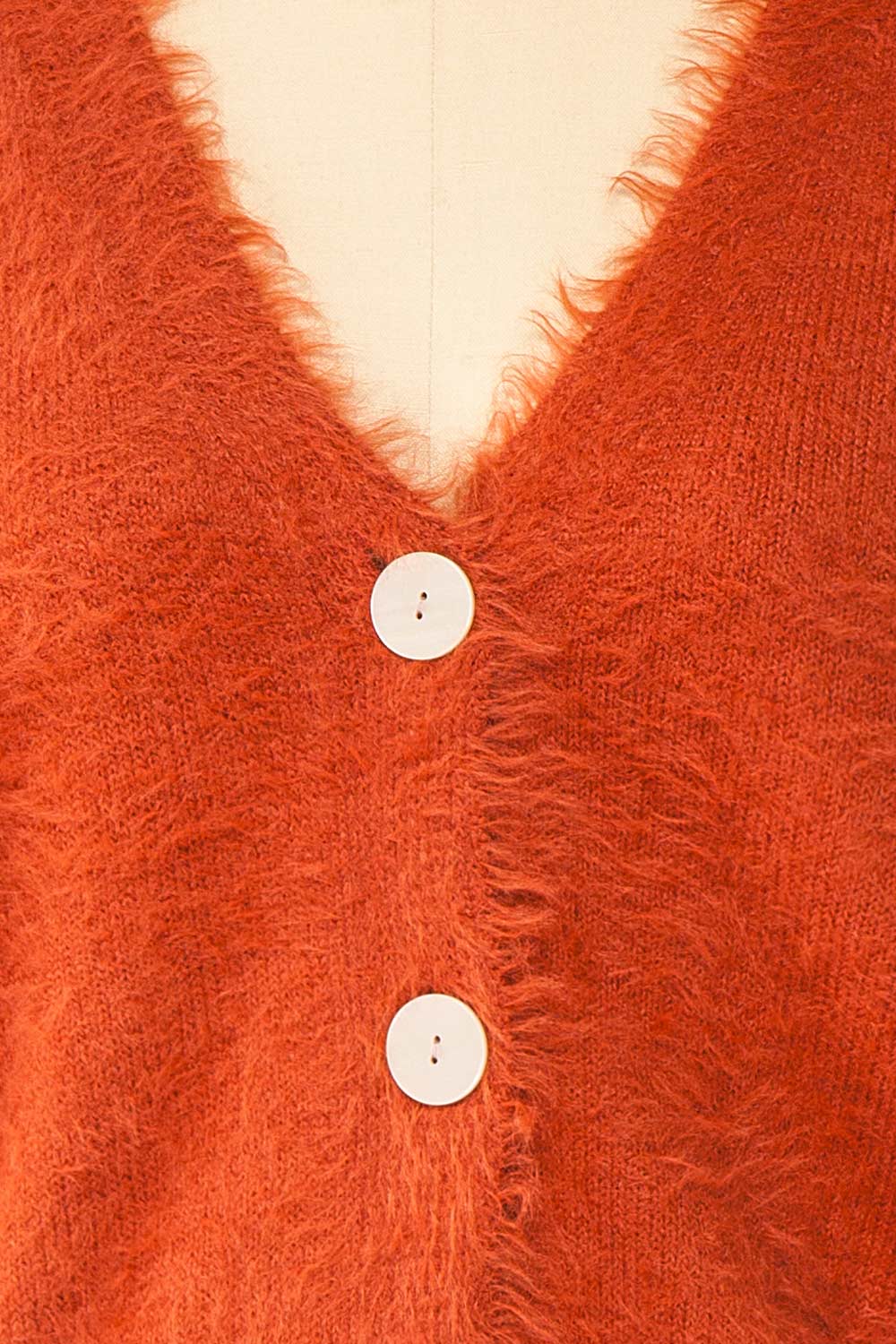 Merrow Rust Fuzzy V-Neck Cardigan | Boutique 1861 fabric