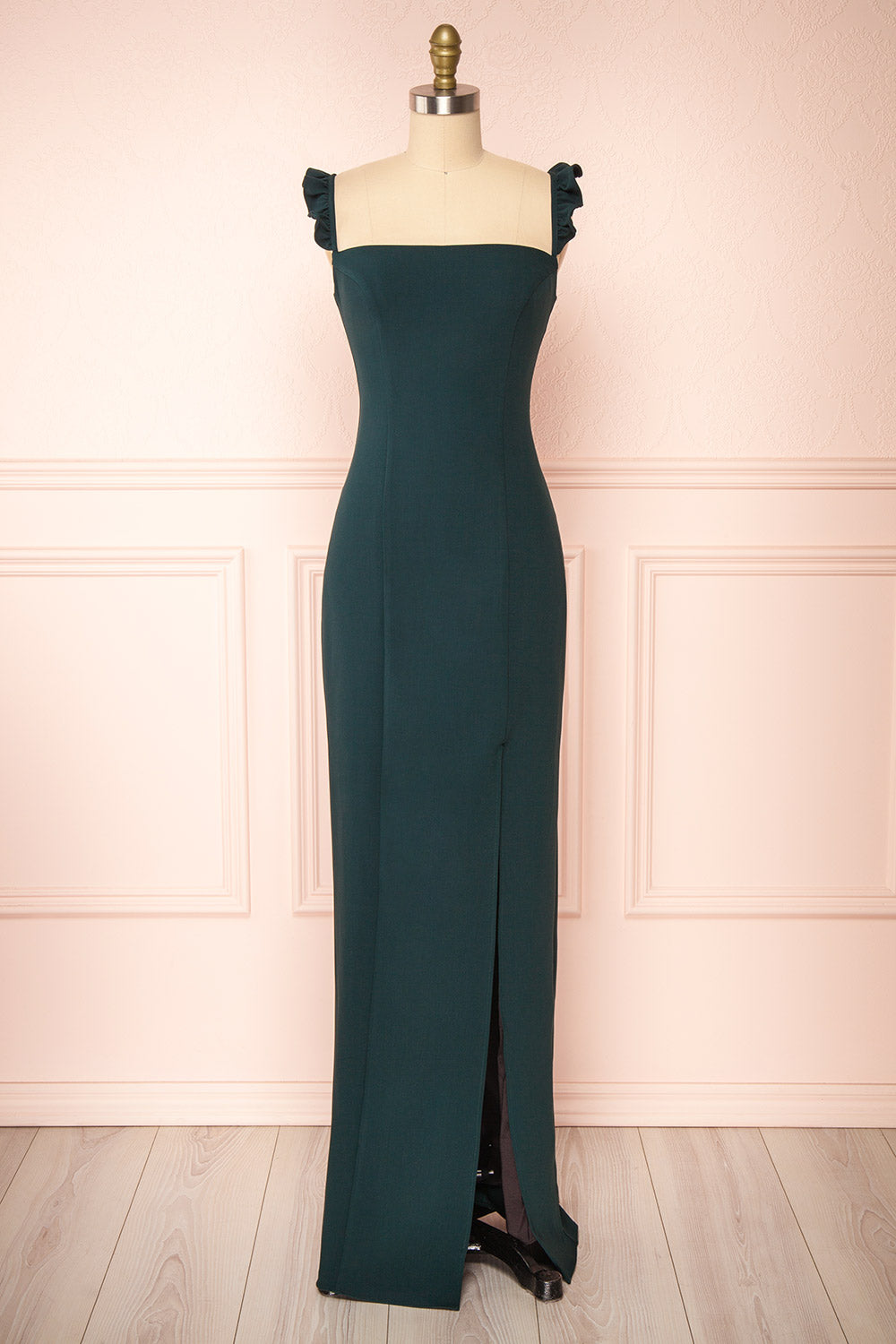 Mia Emerald Green Maxi Dress w/ Ruffled Straps | Boudoir 1861 front view