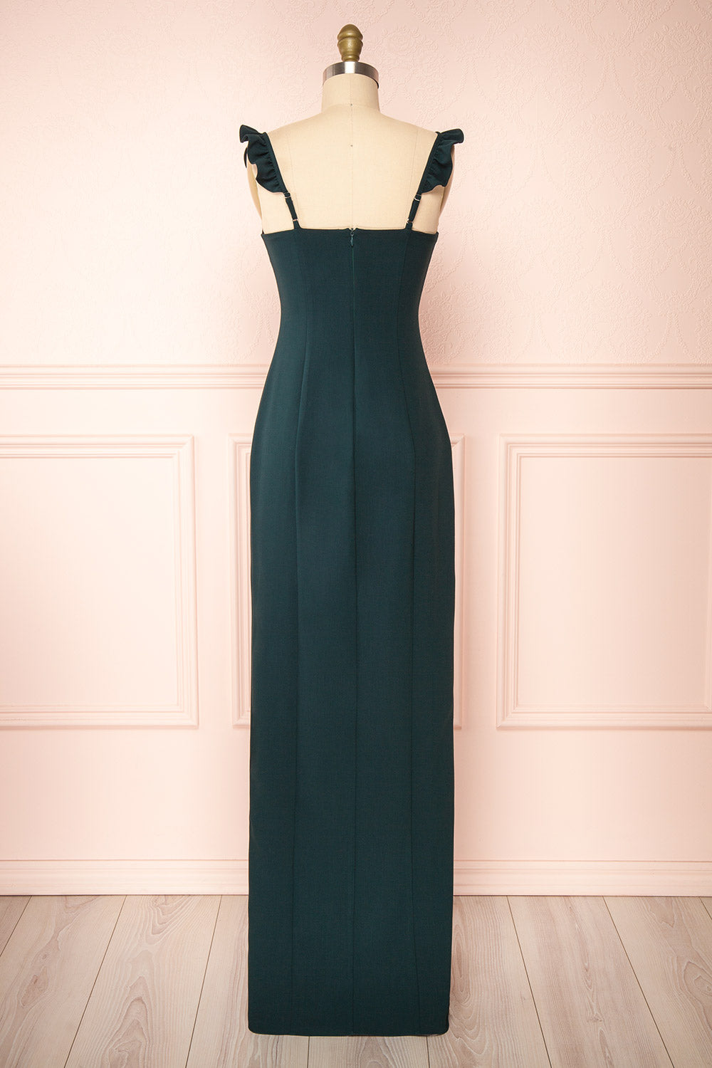 Mia Emerald Green Maxi Dress w/ Ruffled Straps | Boudoir 1861 back close-up